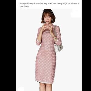 BRAND NEW. Shanghai Story Birds Print Lace Cheongsam Knee Length Qipao Dress.